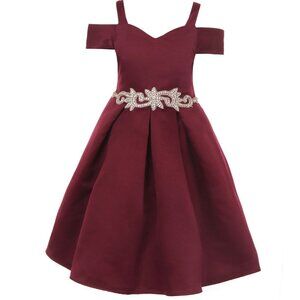 Burgundy Christmas Off Shoulder Cold Shoulder Flower Girl Dress Wedding Dance